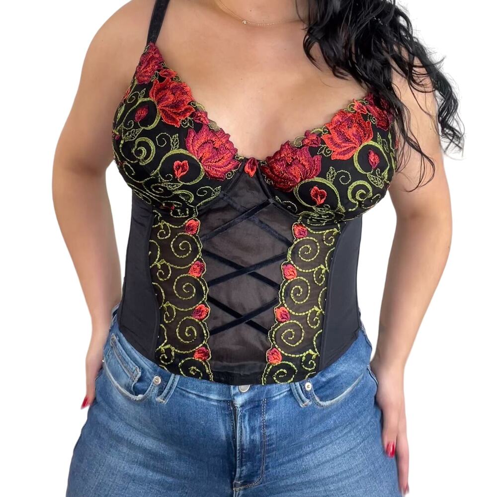 Pretty Secrets 90s Vintage Corset Black Sexy Rose Floral Romantic Corset 36E - Picture 10 of 10